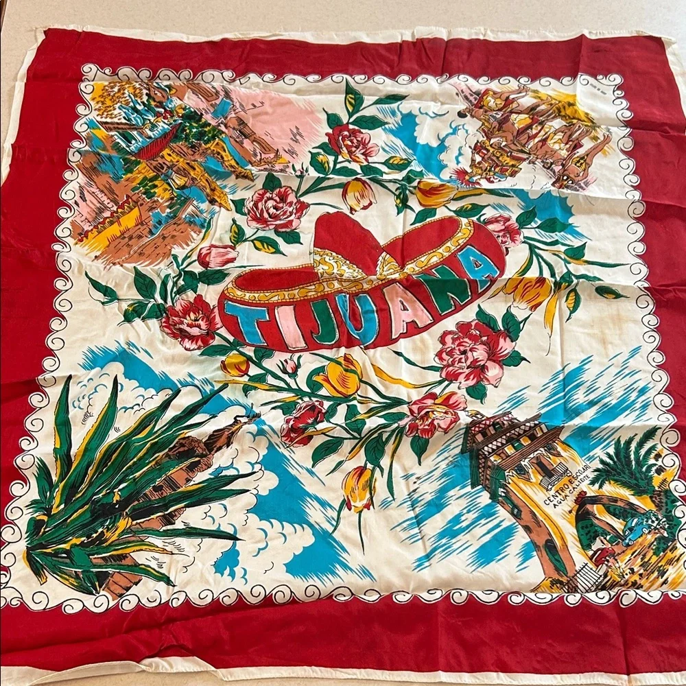 Tijuana Mexico-Themed Vintage Scarf Made in Japan 1940s - 1960s. - Picture 3 of 16